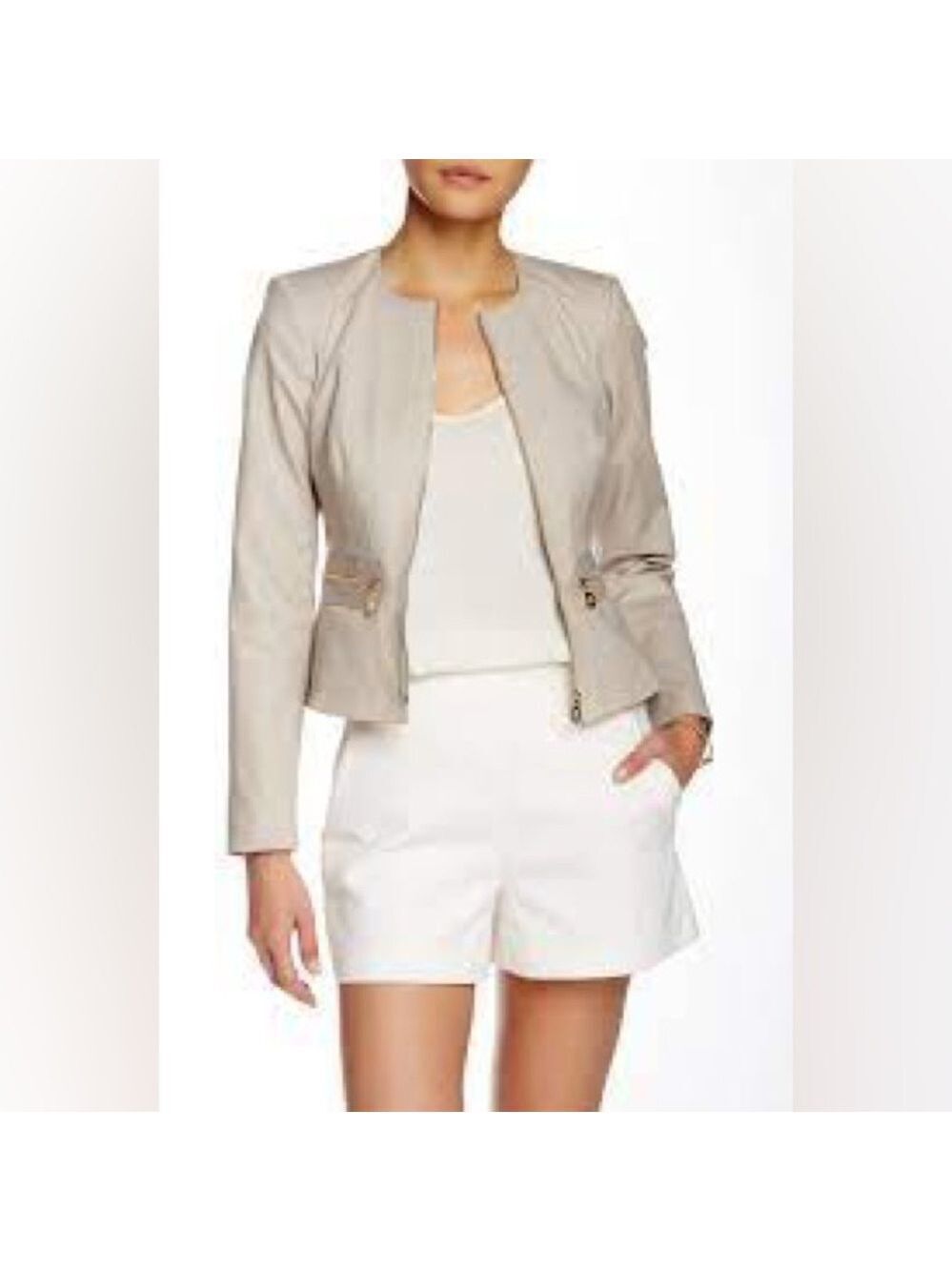 Calvin Klein Collarless Zip-Front Peplum Jacket